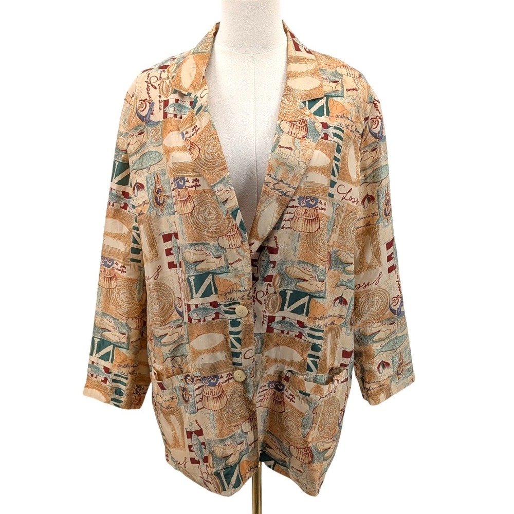 Vintage Silk Blazer Novelty Print Oversized Jacket Patch Pockets Size M